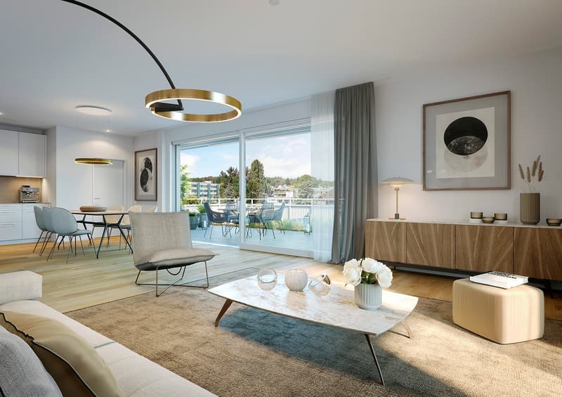 modern living room, large windows, balcony, wooden floor, white walls, white couch, coffee table, side table, lamps, artwork, dining table, chairs