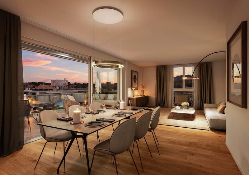 Dining room with large windows, wooden floor, table, chairs, lamps, couch, coffee table, rug, picture frame, balcony with outdoor furniture