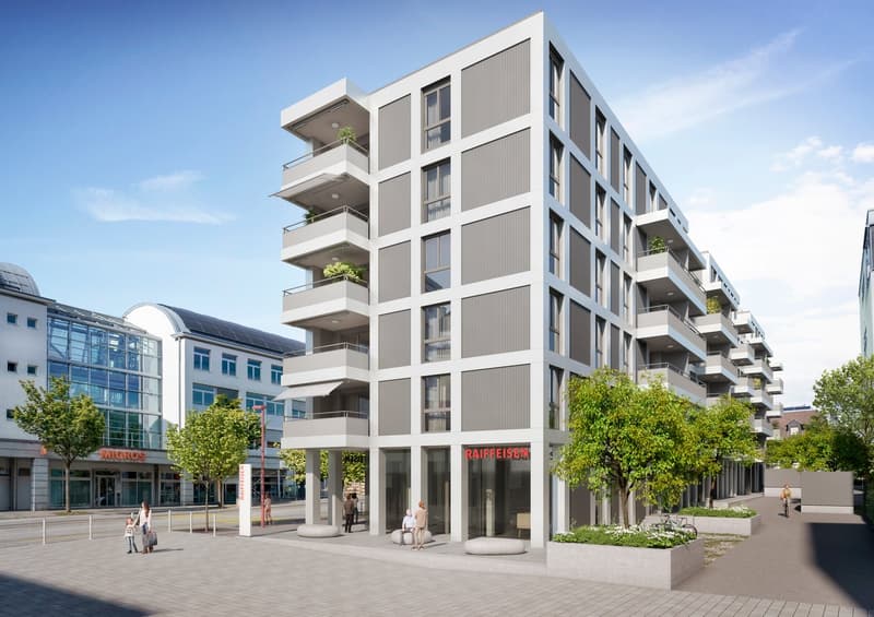 Modern apartment building with multiple balconies, glass windows, and a ground floor with commercial space.