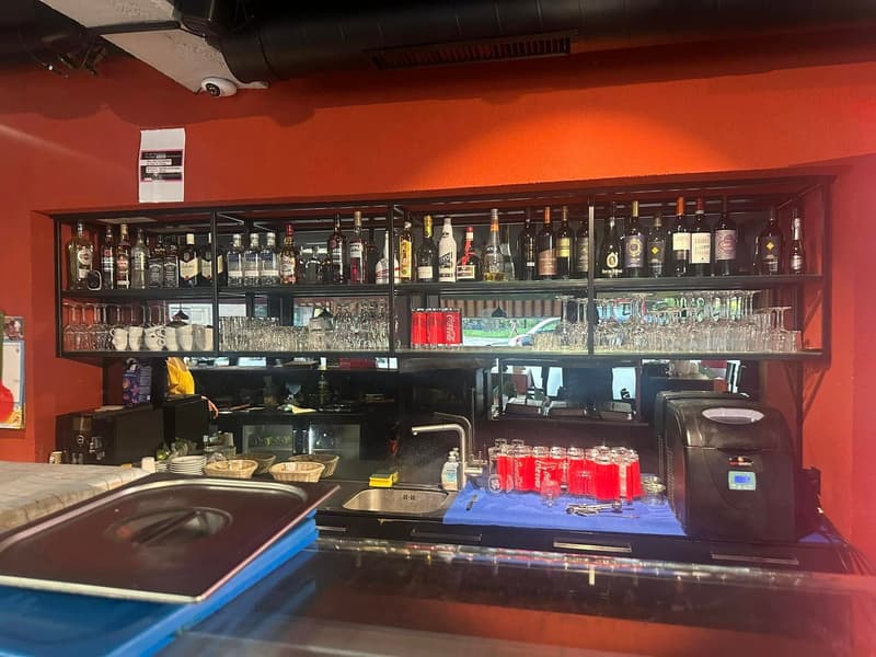 Counter with bottles, wine glasses, cups, bowls, plates, ice maker, sinks, cleaning products