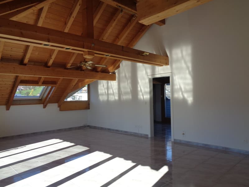 wooden roof, 2 windows, ceiling fan, tiled floor, white walls