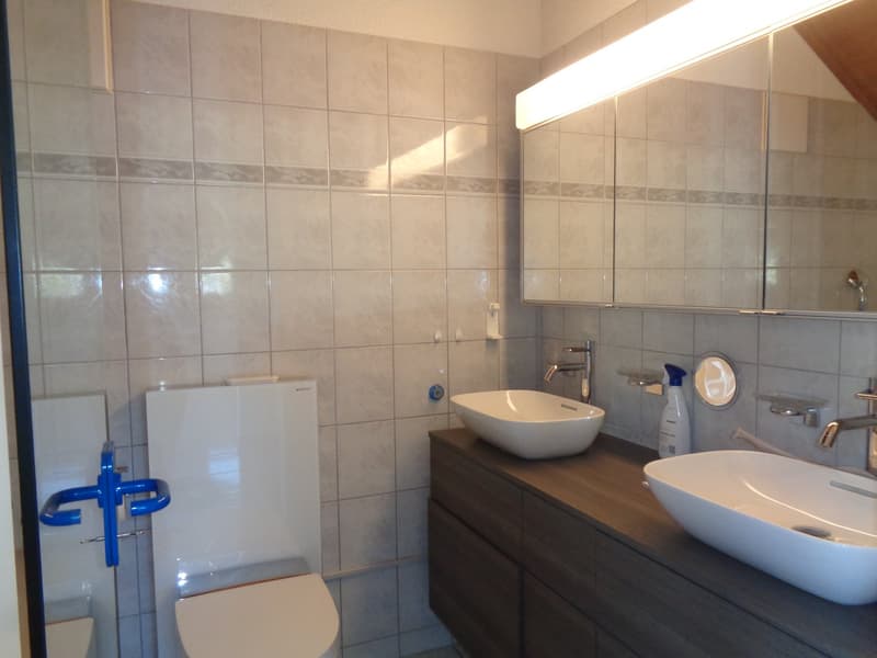 tiled walls, large mirror, 2 washbasins, toilet, wooden cabinet, overhead light