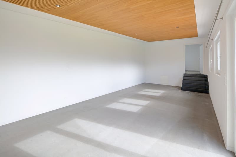 white walls, wooden ceiling, cement floor, stairs, small windows