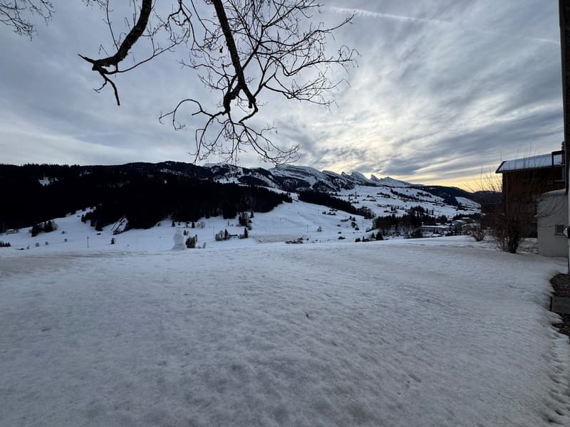 A wide snowy landscape with mountains in the background and a house on the side