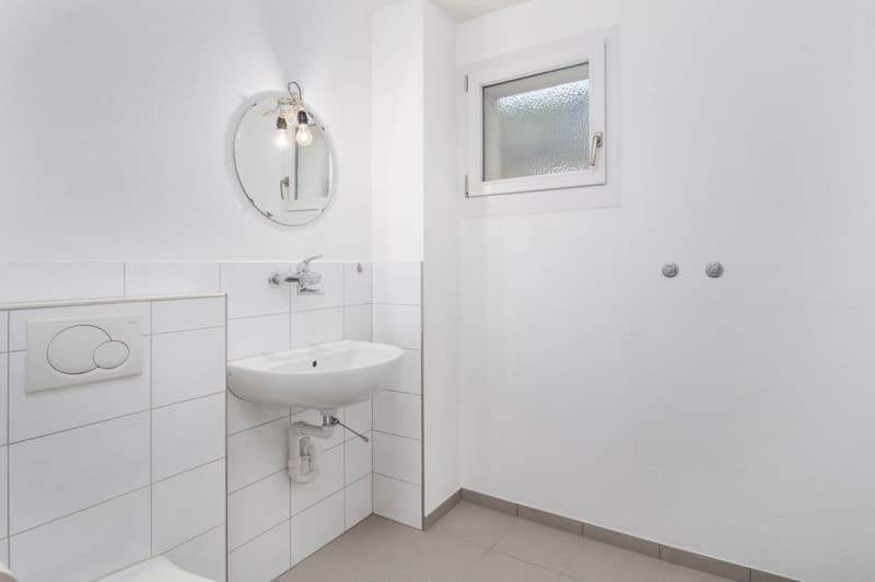 white wall tiles, sink, mirror, glass window, toilet