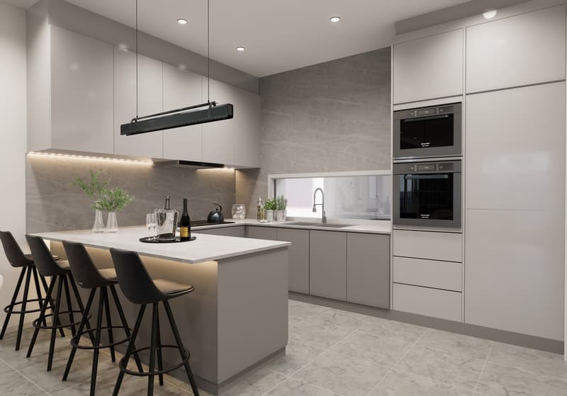 Modern kitchen with gray cabinets, white countertops, built-in appliances including a dishwasher, pendant lighting, and a kitchen island with bar stools.