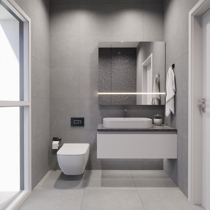 Modern bathroom with gray tile walls, floating vanity with vessel sink, wall-mounted toilet, and a window