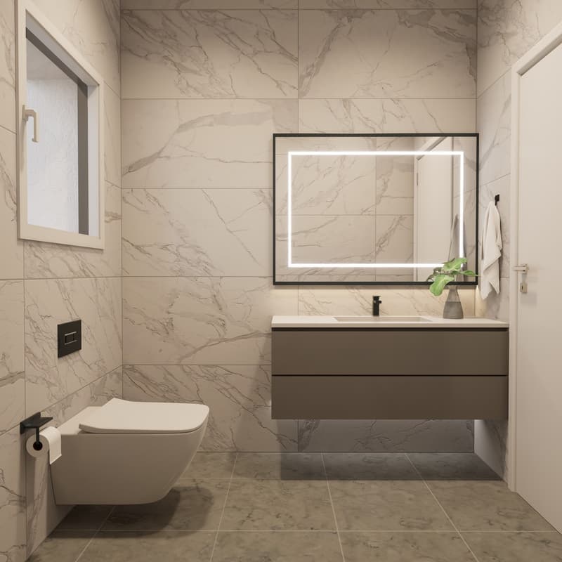 Spacious bathroom with marble-like tile walls and floors, a wall-mounted toilet, a vanity with a sink and drawers, and a large backlit mirror. The bathroom also features a black metal towel rack and a potted plant for decor.