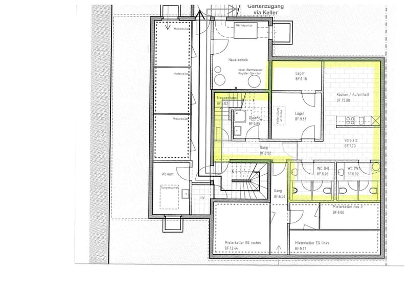 Living area, stairwell, kitchen, dining room, bathroom, basement