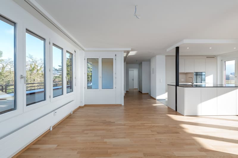 Open layout with balcony, large windows, hardwood floor