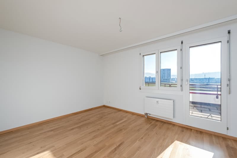 empty room with white walls, wooden floor, large window and balcony view