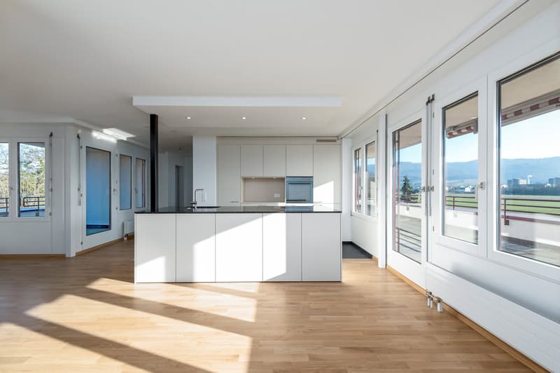 modern minimalist kitchen, white cabinets, wooden floors, built-in oven, island countertop, large windows