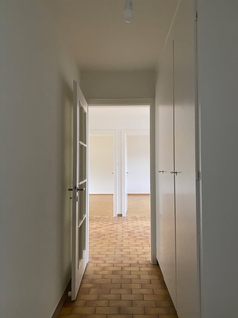Empty hallway with white walls, wooden floor, open door, and two closed doors