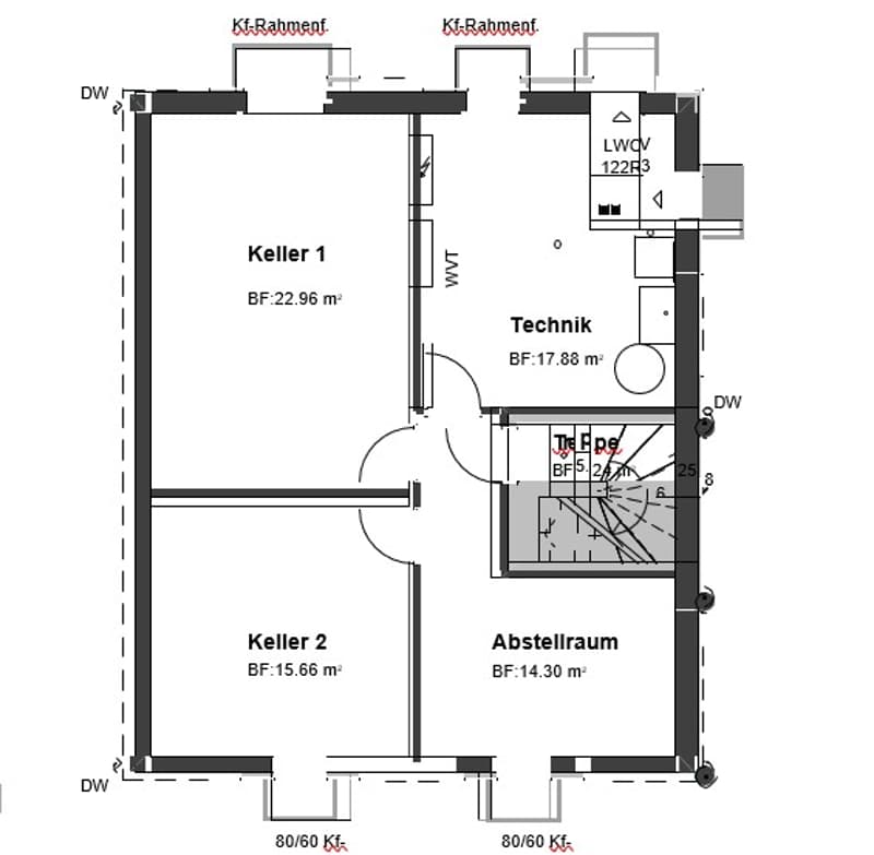 Living room, kitchen, 2 bedrooms, 2 bathrooms, balcony, cellar 1, cellar 2, attic