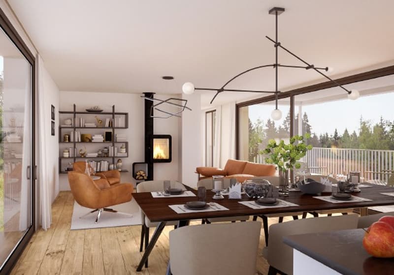 Dining room, long table, chairs, fireplace, glass windows, balcony