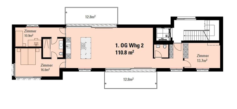 Living room, kitchen, bedroom, bathroom, balcony