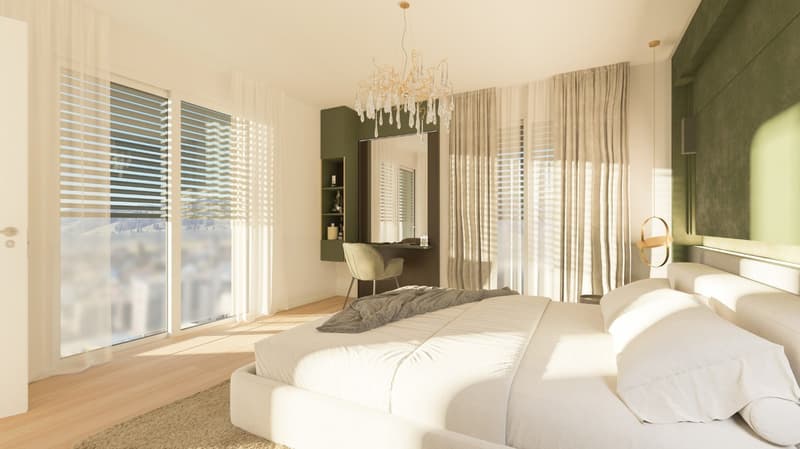 Spacious bedroom with large windows, white walls, hardwood floors, a plush bed, a dresser with a mirror, and a crystal chandelier overhead. The room has a cozy and luxurious feel.