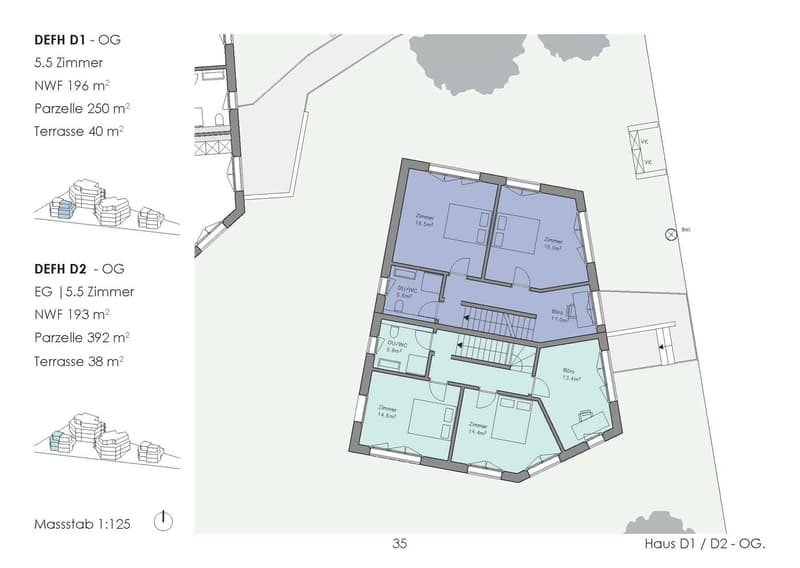 The floor plan shows a 5.5 room apartment with a total living area of 196 m² and a patio of 40 m². The apartment has two bedrooms, a living room, a kitchen, a bathroom, and a balcony.