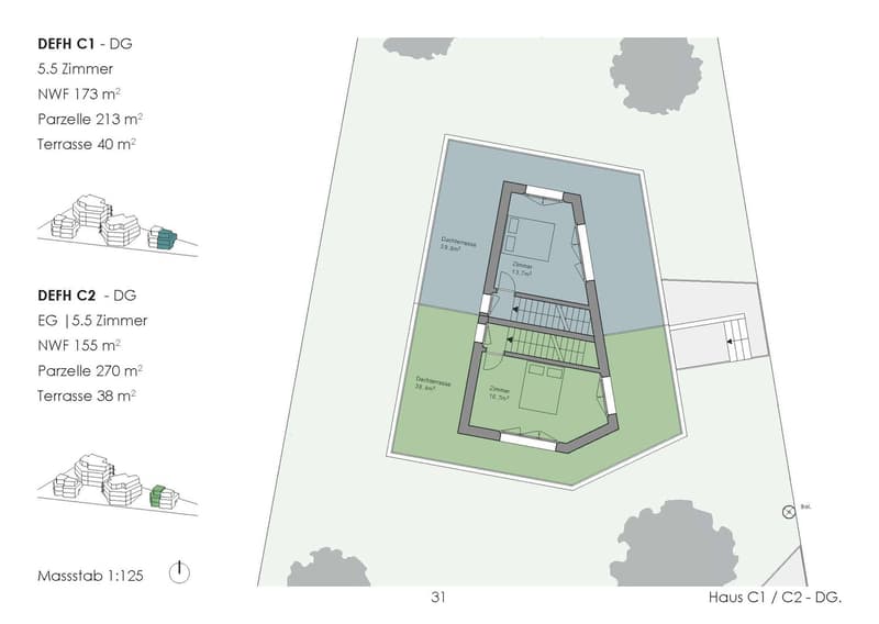 The image shows the floor plan of a property with 5.5 rooms. It includes a living room, 2 bedrooms, a bathroom, and a terrace. The total net living area is 173 m2 and the total parcel area is 213 m2. The property also has a 40 m2 terrace.