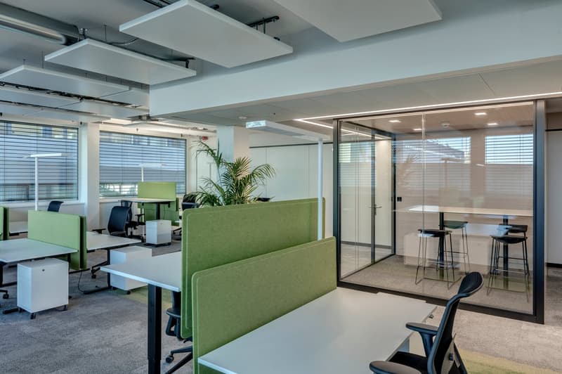 modern office space with glass walls, green partitions, white desks, black chairs, and a plant