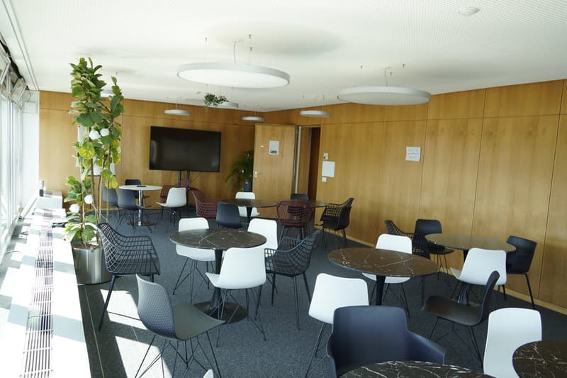 modern office room with wooden walls, round tables, chairs, plants, TV, and lamps