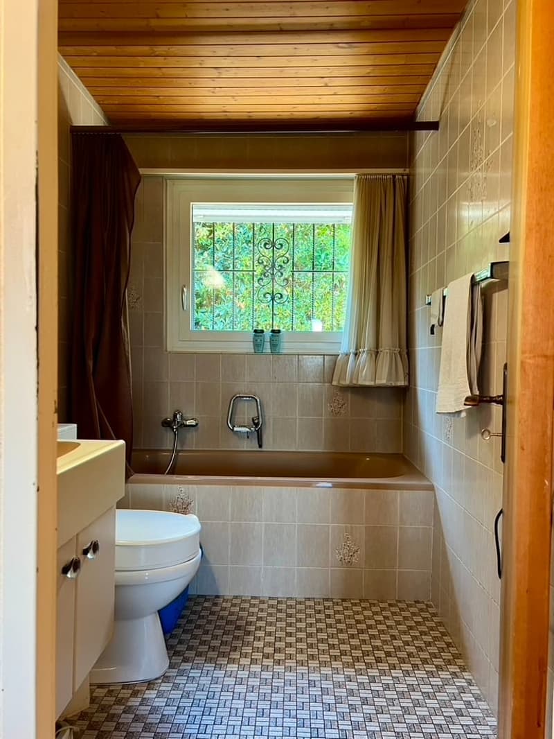 Toilette mit Badewanne und Aussicht auf den hinteren Gartensitzplatz