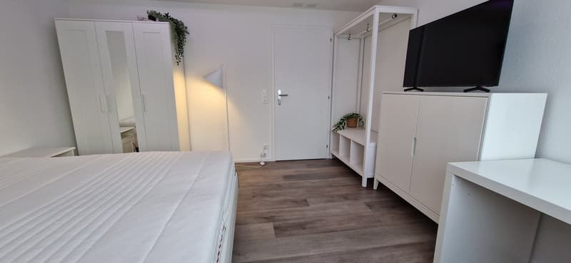 Spacious bedroom with white walls, hardwood flooring, large wardrobe, TV stand, and a dishwasher visible in the room.