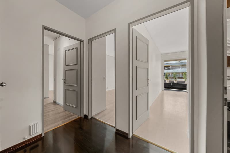 The image shows a hallway with multiple doors leading to different rooms. The walls are painted in a light gray color, and the floors are made of dark hardwood. The doors have a gray color scheme with a simple panel design. The hallway appears to be well-