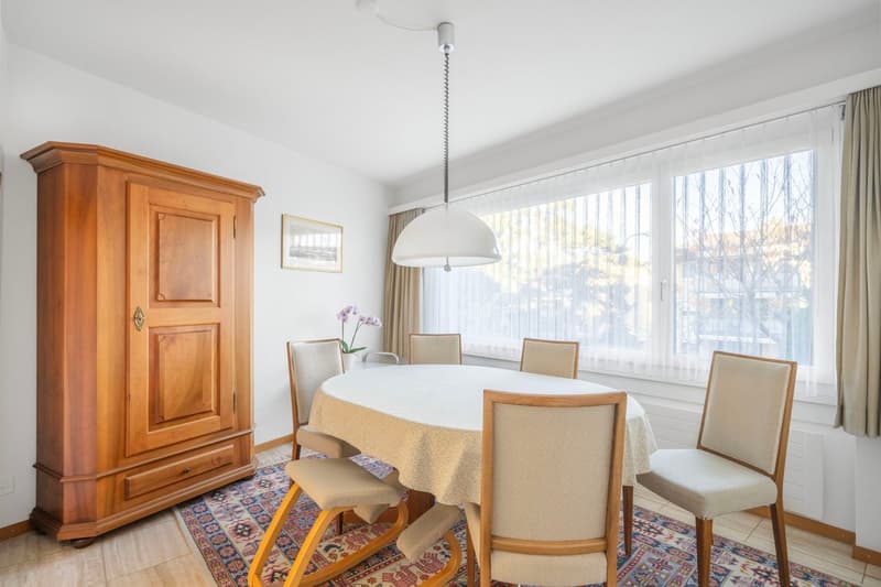 Dining room, wooden dining table, wooden chair, window with white curtains, wooden cabinet, rug on the floor