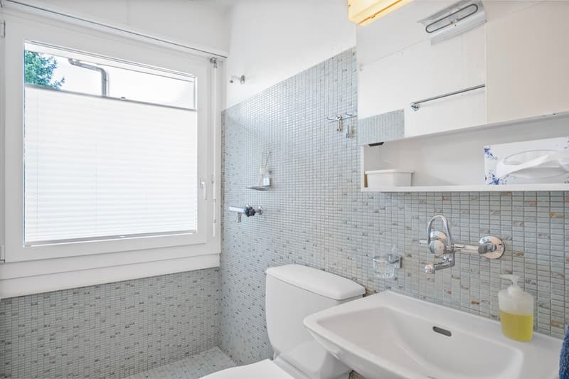 tiles, white toilet, white sink, window, faucet, shower head