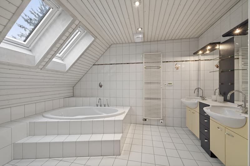 white tile floor, bathtub, vanity, double vanity, skylights, white trim, white walls