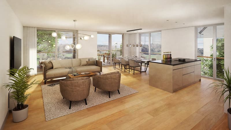 Open-concept living and dining area with large windows offering a scenic view, hardwood floors, beige sofa, armchairs, coffee table, dining table and chairs, modern pendant lighting, and potted plants.