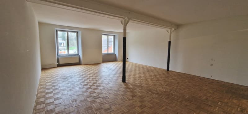 empty room, wooden parquet floor, white walls, two windows, radiator