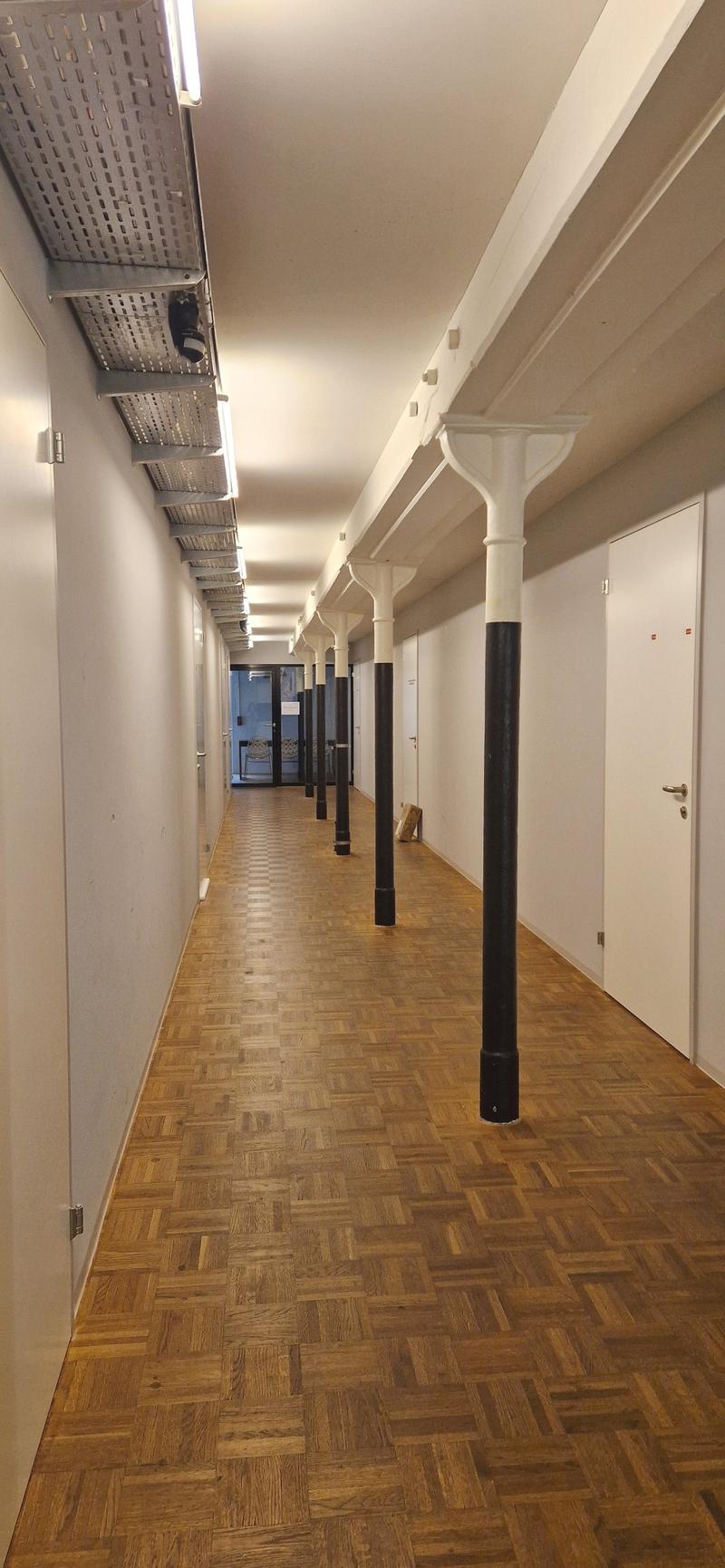 Empty hallway with wooden parquet flooring, white walls, black and white pillars, and ceiling lights.
