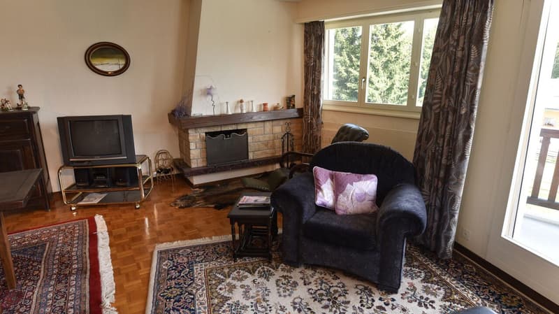 Cozy living room with a stone fireplace, hardwood floors, area rug, TV stand, and a comfortable armchair with a decorative pillow. Large windows provide natural light and a view of the surrounding trees.