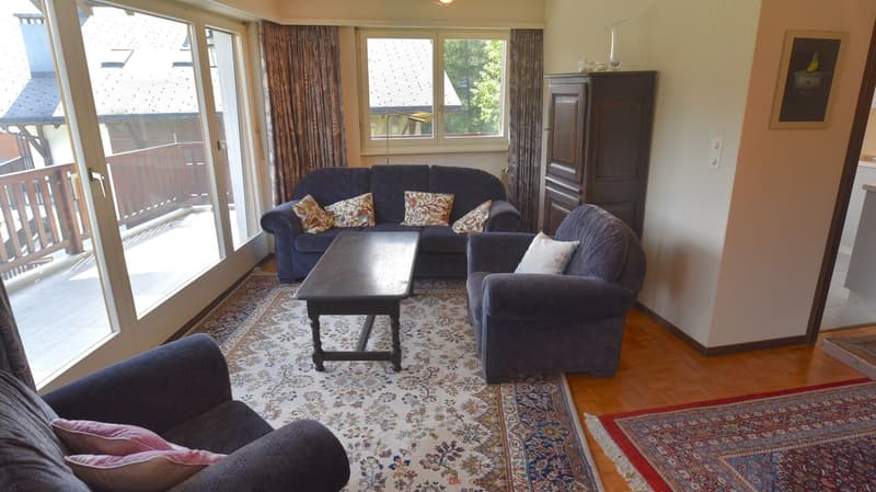 Spacious living room with large windows, balcony access, hardwood floors, patterned area rug, dark blue sofa and armchairs, wooden coffee table, and a cabinet or shelving unit