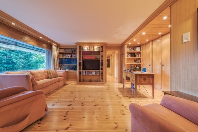 Spacious living room with wooden floors, built-in bookshelves, a fireplace, and large windows overlooking the outdoors.