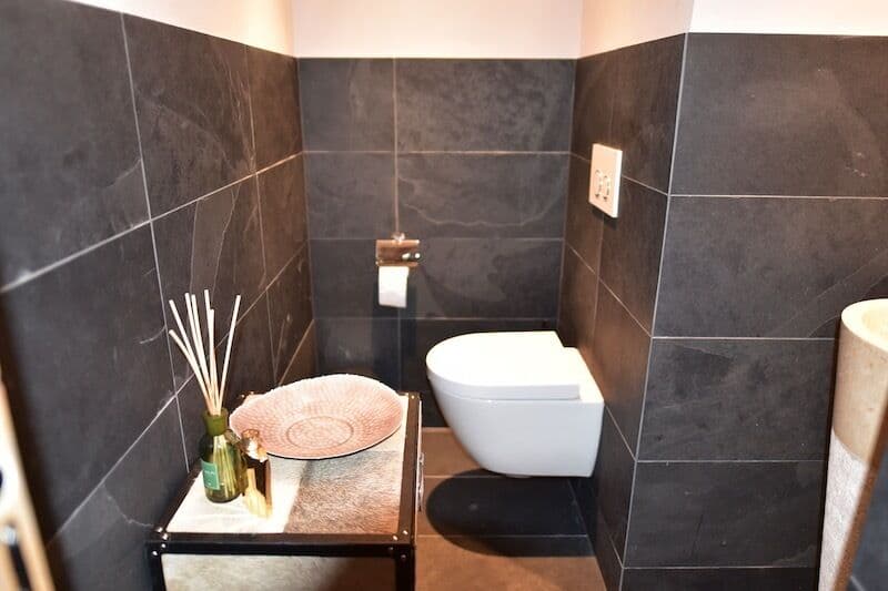Bathroom with dark slate tiles on the walls, a white toilet, a small shelf with decorative items, and a minimalist design.