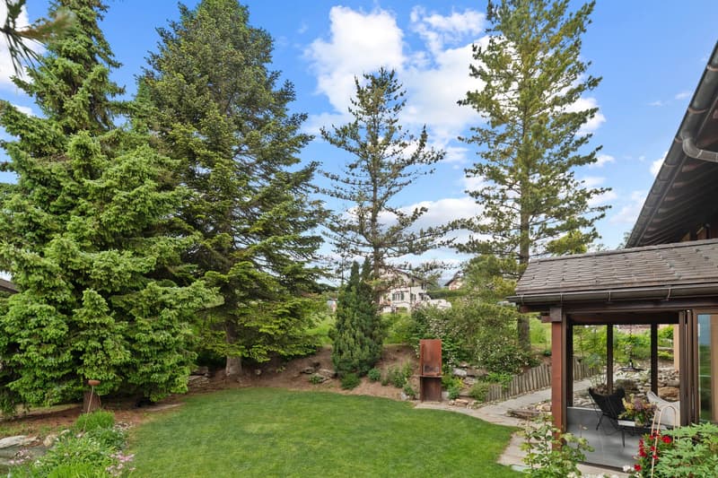 The image shows a well-maintained backyard with a lush green lawn, surrounded by tall evergreen trees and a covered patio or deck area. The backyard appears to be part of a residential property, with a glimpse of a building or house visible in the backgro