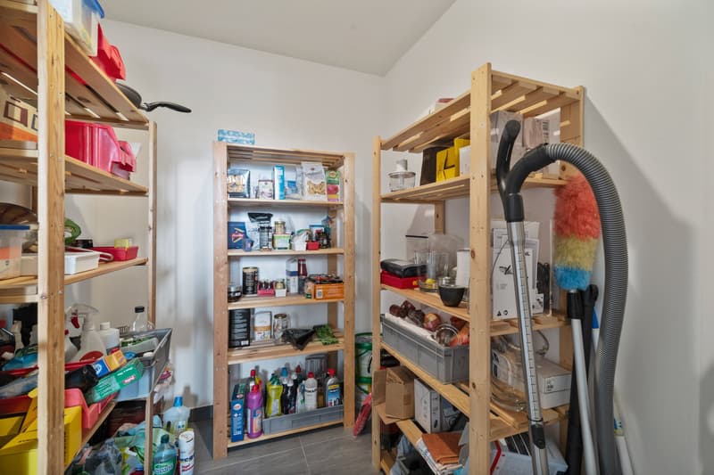 Shelving units with various household items, cleaning supplies, and appliances such as a washing machine and dishwasher. The room appears to be used for storage and organization of household items.