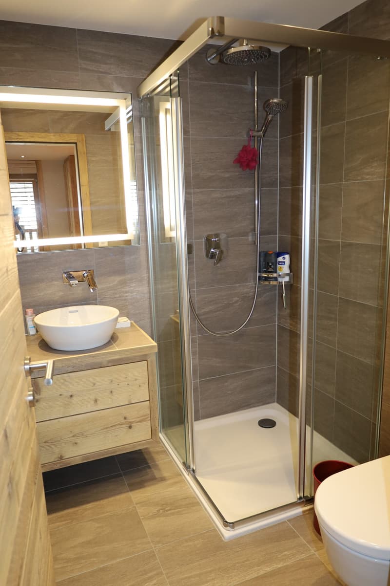 Modern bathroom, gray tiles, white sink, shower stall, wooden vanity, modern faucet, mirror, toiletries, toilet