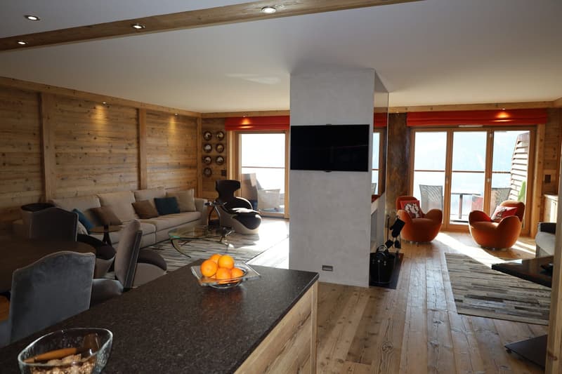 wooden walls, white ceiling, modern furnishings, large windows, couch, table, TV, fireplace