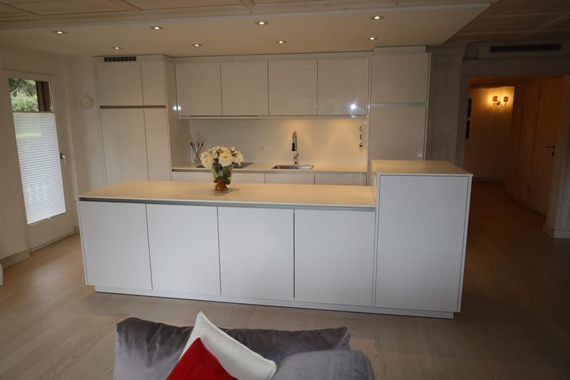 modern white kitchen, sink, faucet, flowers in vase, island with countertop