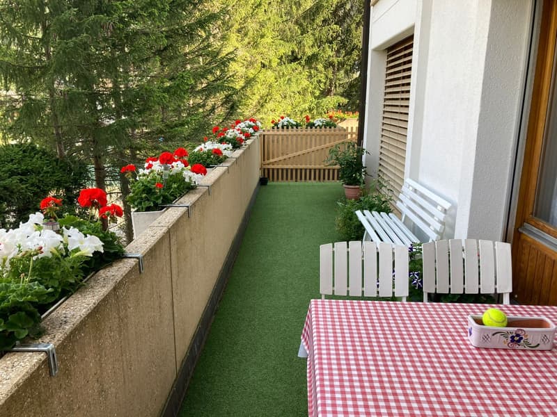 A balcony with green carpet, a table with a red and white checkered tablecloth, a tennis ball, white chairs, a white bench, and potted plants.