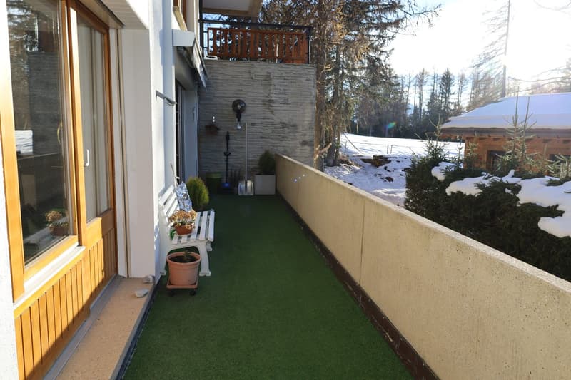 A balcony with a green artificial turf surface, a wooden bench, and potted plants, offering a view of a snowy landscape.