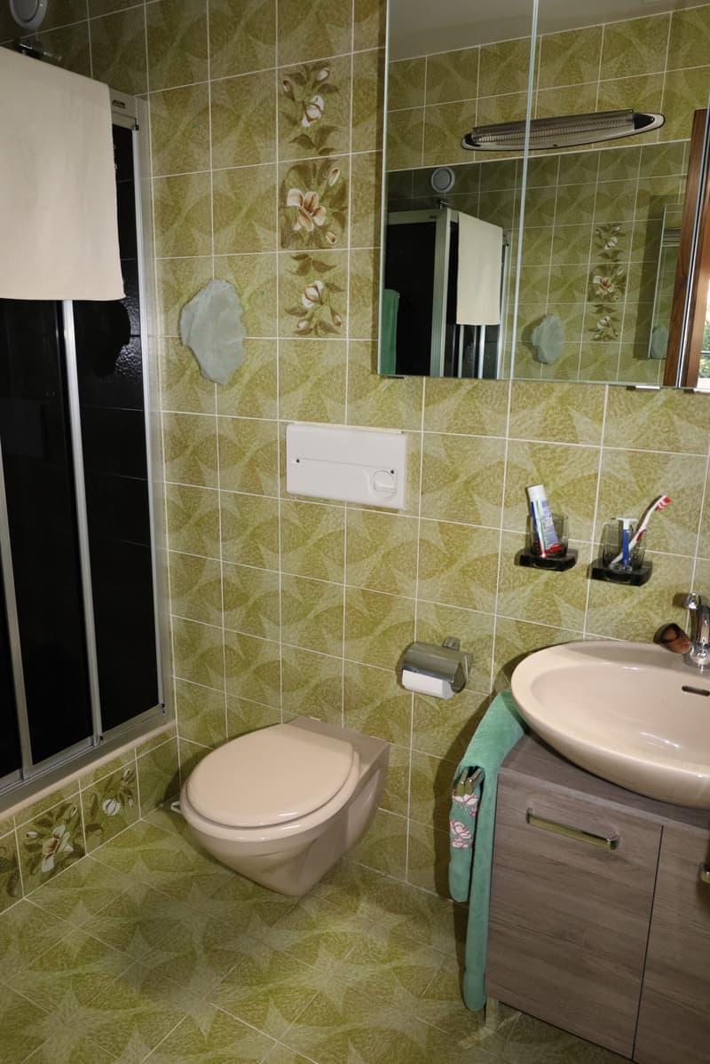 green tiled walls, white toilet, silver faucet, sink, mirror, walk-in shower