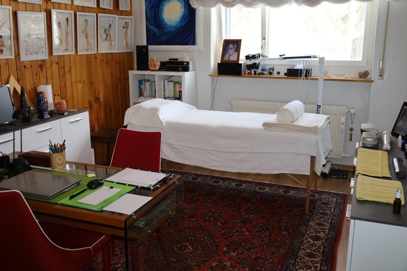 treatment room with bed, office desk, red chairs, wooden floor, paintings on the wall, radiator, books, laptop