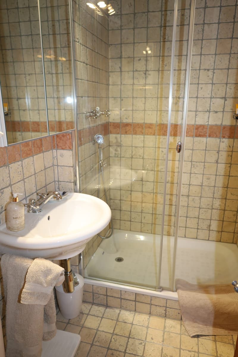 shower cubicle, white sink, tiled flooring, wall mirror, beige towels, soap dispenser