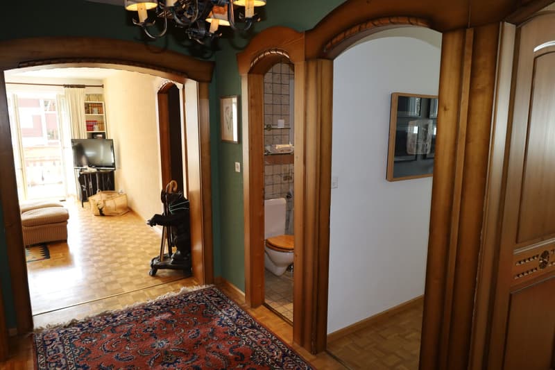 A hallway with a decorative rug, wooden door frames, and a vintage chandelier. A toilet and a shelf with decorative items are visible through an arch doorway. An open window and a TV are in the back.