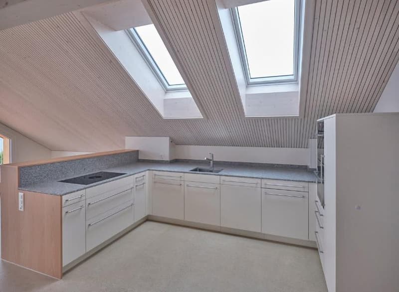Attic kitchen with granite countertops, stainless steel sink, and gas stove
